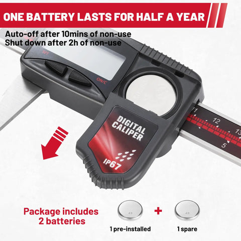Close-up of IP67 Digital Caliper 0-6 Inch Range With Large LCD Screen, showing battery details and auto-off feature.