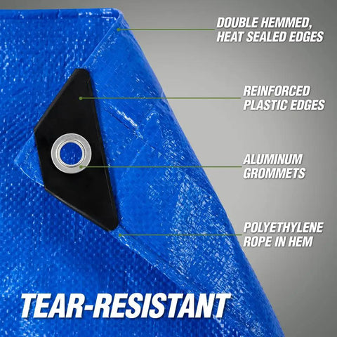 Close-up of heavy duty waterproof tarp showing reinforced grommet and corner, highlighting tear-resistant material.