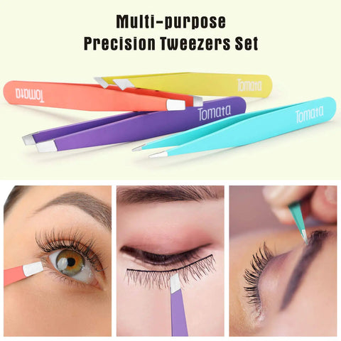 Pro Grade Eyebrow Tweezer Set Four Piece Slant And Pointed Tips Stainless Steel Multi Color for Precision and Shaping