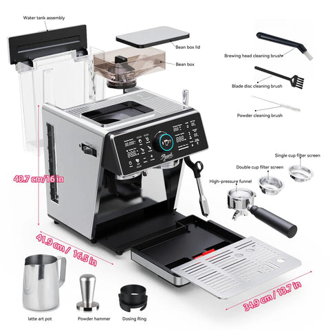 Straight Fire Dual Boiler Espresso Machine With Integrated Grinder And 58Mm Portafilter For Semi Auto Brews Smart TFT Display close-up with parts highlighted.