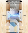 Ultra Slim Magnetic Cabinet Door Catch 4 Pack With Strong Adhesive, shown installed on wood cabinet with measurements.