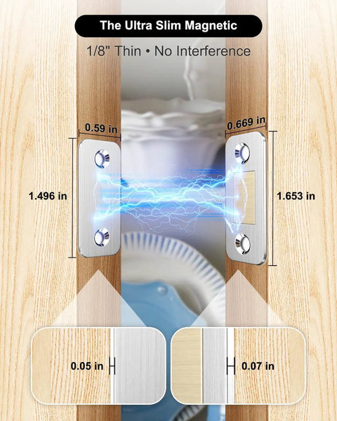 Ultra Slim Magnetic Cabinet Door Catch 4 Pack With Strong Adhesive, shown installed on wood cabinet with measurements.