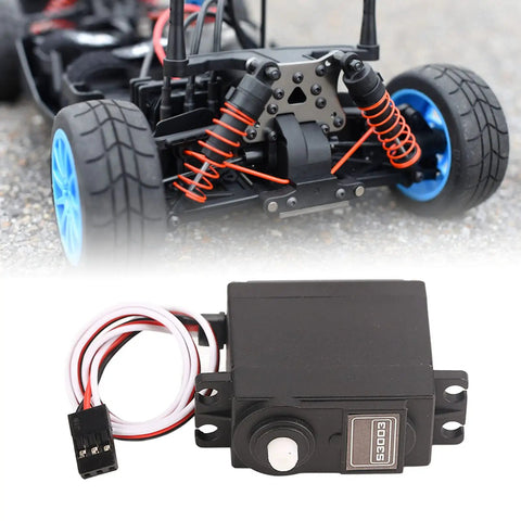 High Octane RC Servo Motor Ultra Quiet Precision Steering Compact Lightweight Frame Built Like A Tank For RC Cars And Boats Zero Lag Full Throttle Performance with wiring visible.