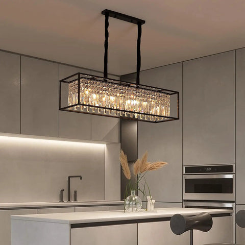 5 Light Rectangular Modern Crystal Chandelier Hanging Fixture For Dining Room with sleek geometric design in kitchen setting