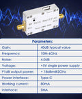 Ultra Wideband RF Amplifier 10MHz To 6GHz LNA With 40dB Gain And SMA Female Connector specifications on a background with wave graphics