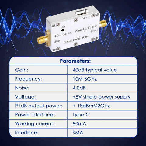 Ultra Wideband RF Amplifier 10MHz To 6GHz LNA With 40dB Gain And SMA Female Connector specifications on a background with wave graphics