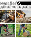 Collage of chainsaw scenarios using Two Pack Fuel Gas Oil Filler Tank Caps For Compatible Chainsaws MS170 MS180 017 018 Replacement Leak Proof Set