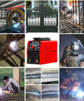 Collage showing MMA Welder Kit 110V 120V Stick Welder With IGBT VRD Hot Start, welding tools, and various metal welding scenes.