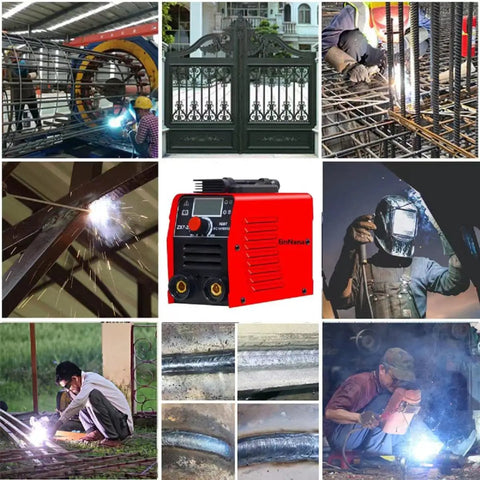 Collage showing MMA Welder Kit 110V 120V Stick Welder With IGBT VRD Hot Start, welding tools, and various metal welding scenes.