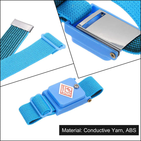 Close-up of Two Pack Anti Static Wrist Strap ESD Antistatic Bracelet with Adjustable Cord, blue grounding band and clasp detail.