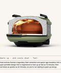 Olive Tread Portable Pizza Oven with lateral gas burner for 12-inch pizzas, quick heat up, lightweight and rugged for outdoor use.
