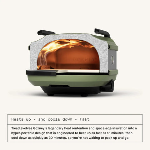Olive Tread Portable Pizza Oven with lateral gas burner for 12-inch pizzas, quick heat up, lightweight and rugged for outdoor use.