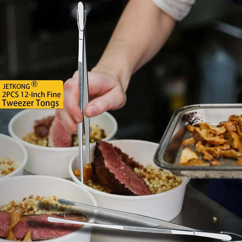 Chef using Two Pack 12-Inch Kitchen Tweezers Set, Extra Long Stainless Steel Fine Tweezer Tongs for precise garnishing in a kitchen