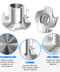 Heavy Duty Four Pronged T Nuts for Wood Furniture Assembly made from 304 stainless steel with secure threaded inserts