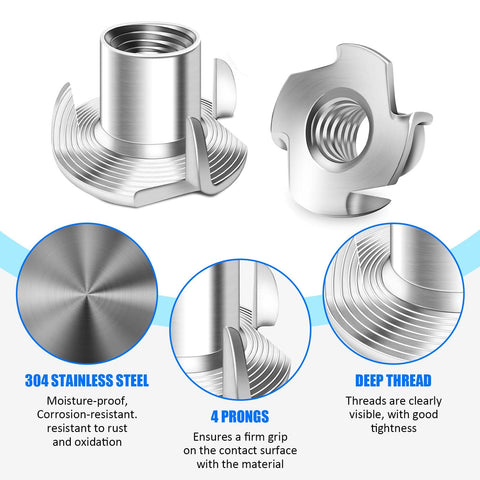 Heavy Duty Four Pronged T Nuts for Wood Furniture Assembly made from 304 stainless steel with secure threaded inserts