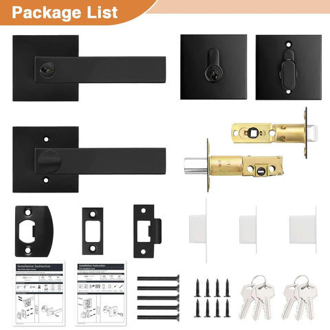 Image showing Square Entry Door Levers And Deadbolt Set, Heavy Duty, Flat Black, Keyed Alike, Reversible, 2 Pack components.