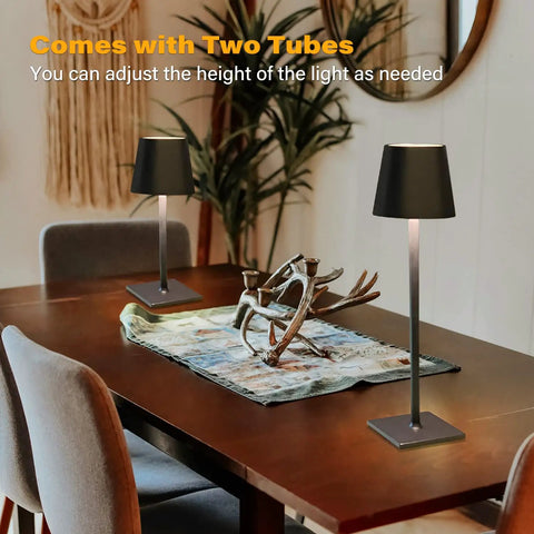 Cordless LED desk lamp with 5000mAh battery and stepless dimming on dining table, featuring touch control and two adjustable tubes.