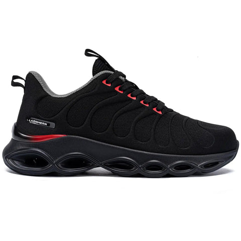 Work Ready Steel Toe Shoes For Men, Lightweight Safety Sneakers With EVA 3D High Rebound Sole, ASTM F2413, Red Black, Size 11, Side View