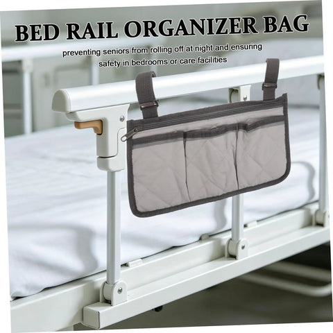 Bed Rail Organizer With Four Pockets And Cup Holder attached to hospital bed rail, grey with dark grey edging.