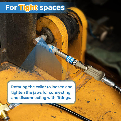 LANNIU grease gun coupler kit with 90-degree adapter attached to a grease gun in tight space.