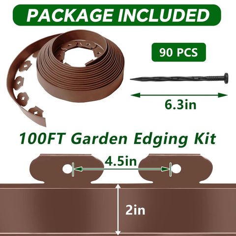 Lawn Edging Kit 100 Foot With 90 Spikes 2 Inch Tall Landscape Border Roll Brown For Garden Beds Lawns Flower Beds Grass Yard Durable Flexible Plastic Edging System package details