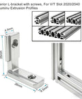 Plug And Play Rigs Start Here With This Dang Good 2020 2040 Aluminum Extrusion Hardware Bracket Kit Including Square Corner L Brackets M6 Fasteners And A Snappy Open Wrench. Silver L-bracket showing dimensions for 2020/2040 extrusion profiles.