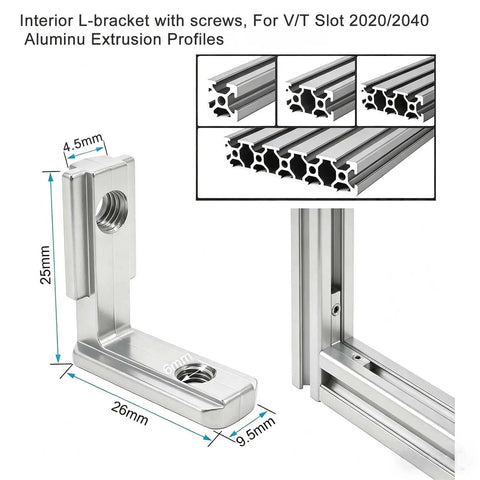 Plug And Play Rigs Start Here With This Dang Good 2020 2040 Aluminum Extrusion Hardware Bracket Kit Including Square Corner L Brackets M6 Fasteners And A Snappy Open Wrench. Silver L-bracket showing dimensions for 2020/2040 extrusion profiles.