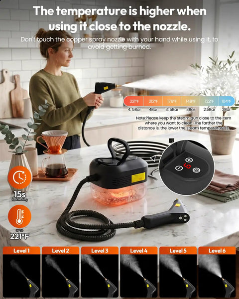 Ultra Powerful 2500W Handheld Steam Cleaner Fast Heat Up In Just 15 Seconds High Pressure 4.5 Bar Hot Steamer showing steam control levels in use.