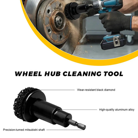 Grease Monkey Approved Wheel Hub Cleaning Kit With Drill Adapter and Seven Abrasive Pads, wear-resistant black diamond cleaning tool.