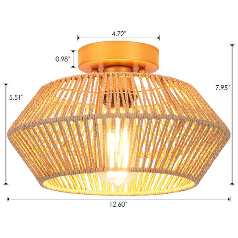 Boho Rattan Ceiling Light Fixture Flush Mount Handcrafted Woven Mini Chandelier With Gold Brass Brush Finish for indoor use