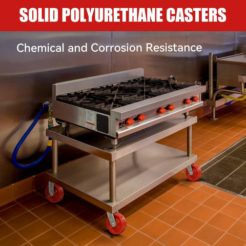 Top Shelf 6 By 2 Inch Swivel Casters Set Of Four Heavy Duty Polyurethane Wheels on kitchen equipment for easy mobility.