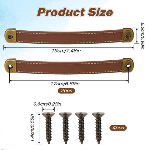 Leather Drawer Pulls Set Of 2 With Mounting Screws, Brown PU Leather Handles for Drawers, Trunks, Cabinets, Dimensions View