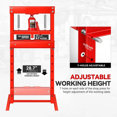 Heavy Duty 20 Ton Hydraulic H Frame Shop Press With Adjustable Stamp Plate, showing 28.7 inch height adjustment feature.