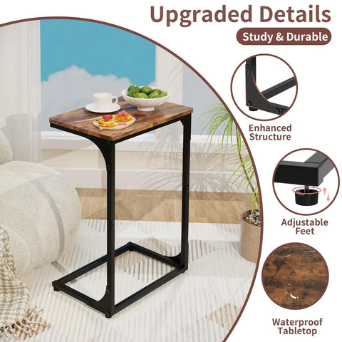 C Shaped End Table for Couch and Small Spaces, Under Sofa Side Table that Slides, showcasing enhanced structure and adjustable feet