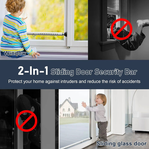 Adjustable Sliding Door Security Bar 18-50 Inches Locking Window And Patio Door Reinforcement, Heavy Duty 8mm Stainless Steel 1.18 Inch Diameter, Childproof Burglar Bar For Windows, Kitchen, Balcony Sliders, Apartments In White installed on window and sliding glass door.