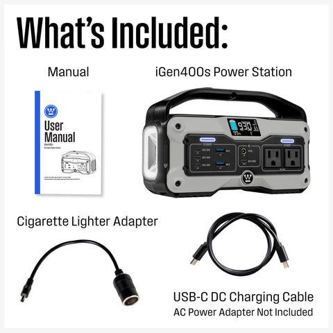 Portable Power Station and Solar Generator 400W Peak, 183Wh Lithium Battery with manual, adapters, USB-C cable.