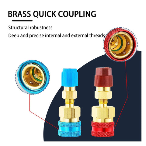 Brass quick-connect adapters with blue and red caps for R1234YF to R134A car AC conversion, high and low side.