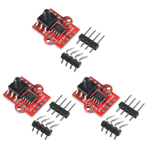 Four red air pressure sensor modules with black potentiometers and 6‑pin male header pins.