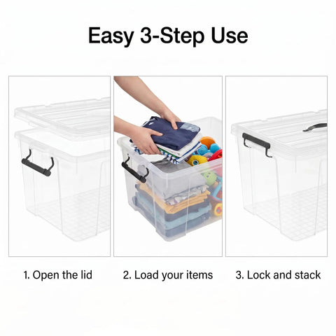 Straight Up Premium Clear Storage Bins With Secure Seal Lids And Heavy Duty Handles for easy organization of stored items.