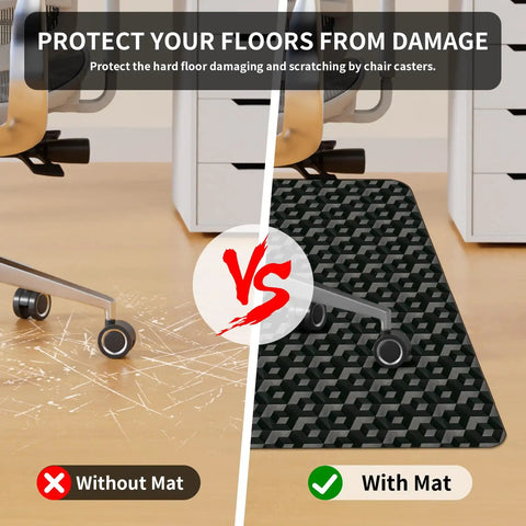 Comparison of hardwood floor with and without 48 By 36 Inch Office Chair Mat For Hardwood Floors With 3D Pattern PVC Heavy Duty Floor Protector