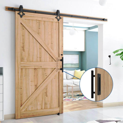 Black 12 Inch Barn Door Handle With Latch And Adjustable Floor Guide Kit For Tough As Nails Sliding Doors Flat Bottom Design