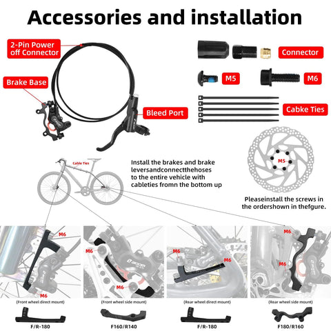 Z00M HB876E e-bike hydraulic brake kit; pre-bled with mineral oil, includes lever, caliper, rotor, bolts, cable ties