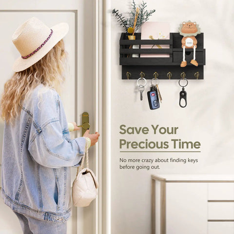 Wall Mounted Key And Mail Organizer With Six Hooks And A Storage Drawer Easy Install Entryway Decor Must Have For Keys Mail Wallet Glasses Cards And Small Items Neat Black Finish installed by door