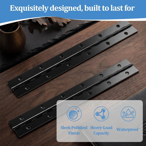 2 Piece Black Stainless Steel Piano Hinges With 24 Screws For Heavy Duty Cabinets And Rv Storage Boxes Built Tough As Nails For Diy Projects No Sweat Setup Rock Solid Continuous Hinge Kit on wooden background.