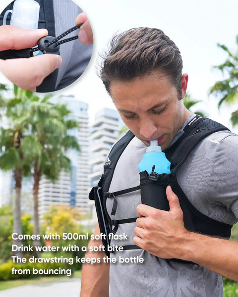 Man using Unisex Hands Free Running Hydration Vest with 500ml soft flask. Adjustable chest straps shown. Black camo design.
