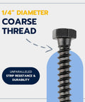 Close-up of 1/4 inch diameter coarse thread screw from Heavy Duty Lag Screw Kit One Quarter By One And A Quarter Inch With One Hundred Screws And One Hundred Washers Ceramic Black Ruspert Coating For Exterior Use Outdoor Grade Meets ASTM A307 And ASME B18 2 1 Industrial Grade Makers Bolt.
