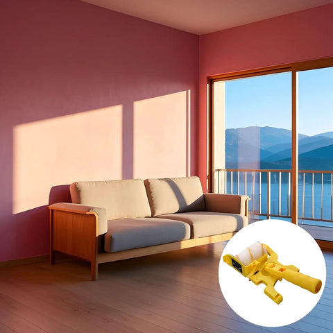 No Sweat Paint Roller Set With Adjustable Extension Pole And Two Spare Covers For Crisp Ceiling Lines And Smooth Wall Coats Comes With Splash Guard Tray in living room setting.