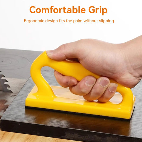 Hand holding yellow 2 Pack Push Blocks for Table Saws and Woodworking Angled Handle Push Sticks Sliding Safety Push Blocks for Woodworkers Kickback Prevention and Stock Control Great for Jointer and Saw Cutting on wood surface