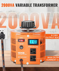 Orange Auto Variable Voltage Transformer 2000VA for US plug with LCD display, 0 to 130V output, 110V input, shown in a kitchen setting.