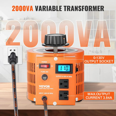 Orange Auto Variable Voltage Transformer 2000VA for US plug with LCD display, 0 to 130V output, 110V input, shown in a kitchen setting.